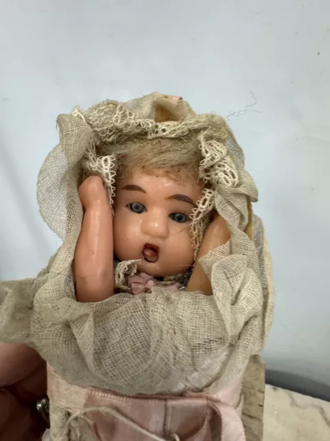 Antique/Vintage Wax Baby Doll In Swaddling Clothes French? Possibly Animated