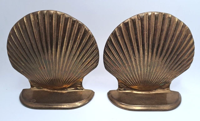 Pair Vintage Brass Clam Sea Shell Book Ends Beach Ocean Nautical Decor Art Deco