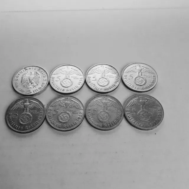 Eight German 5 Reichsmarks, 90% Silver, ASW .4016oz each