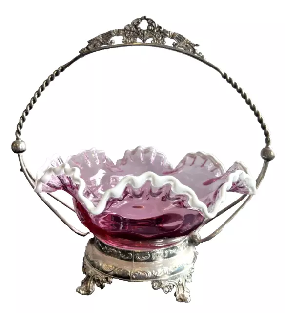 Antique Victorian Cranberry Glass Brides Basket Fruit Stand Silver Holder