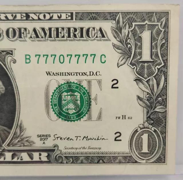 B 77707777 C : BINARY Near Solid 7s $1 One Dollar Bill Fancy Serial Number