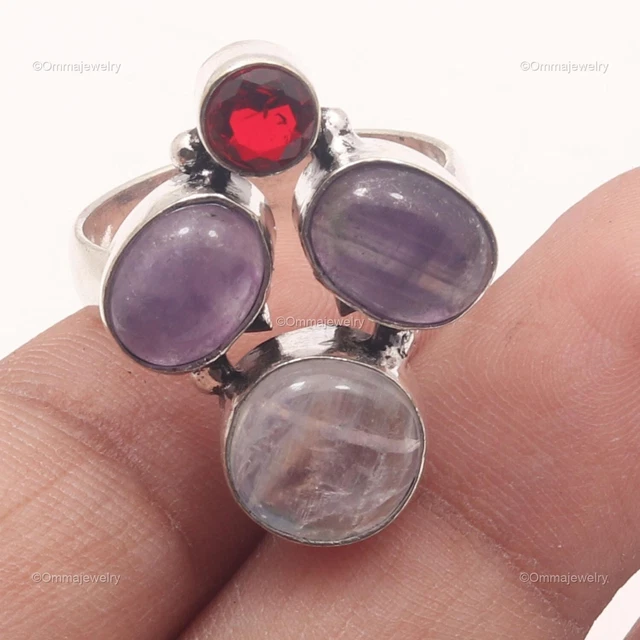 Moonstone Amethyst Cluster Ring Size 6 Handcrafted Silver Plated Dailywear