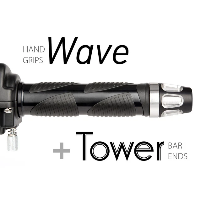 KiWAV Motorcycle Wave Grips Black with Tower Bar Ends Silver/Silver