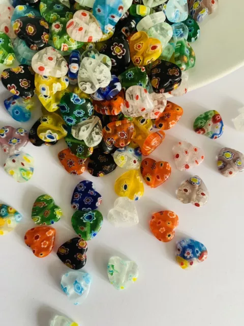 30 x 12mm Handmade Millefiori Heart Glass Lampwork Beads