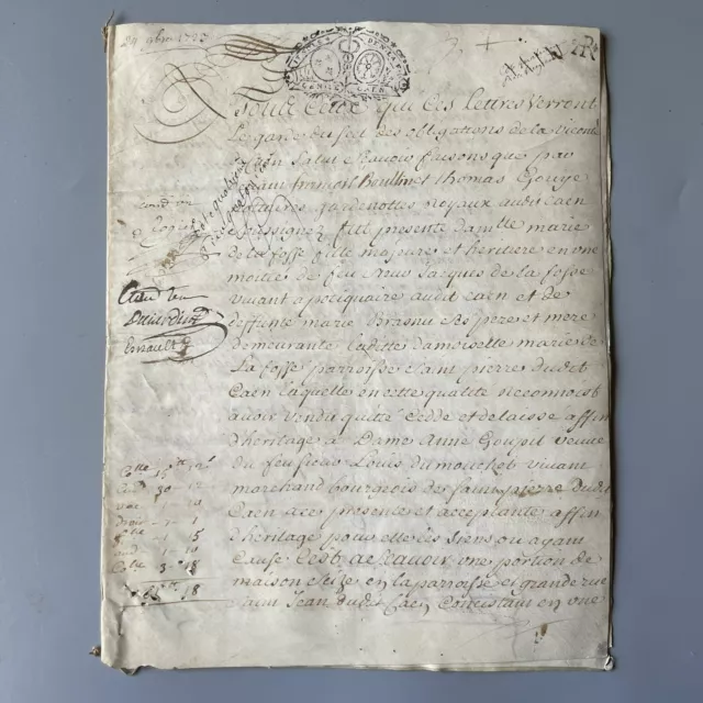 Manuscrit du XVIII ème acte notarié de succession à Caen, Normandie 1723