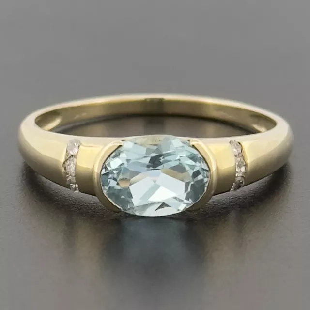 9ct Yellow Gold Blue Topaz & Diamond Solitaire Ring Size R 1/2 Hallmarked