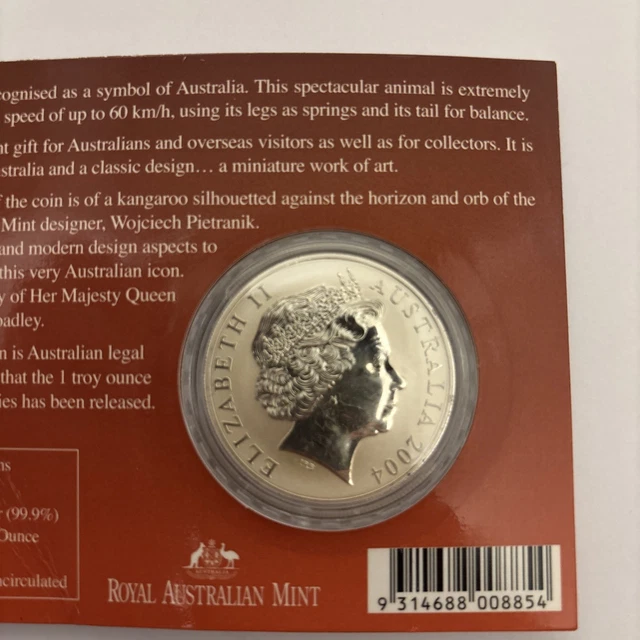 AUSTRALIA 1 DOLLAR 2004 Silver 1oz. Frosted BU 'Kangaroo' In Display ...