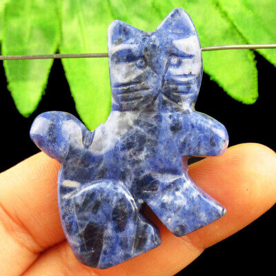 43x38x7mm Carved Old Sodalite Cat Pendant Bead Q06879