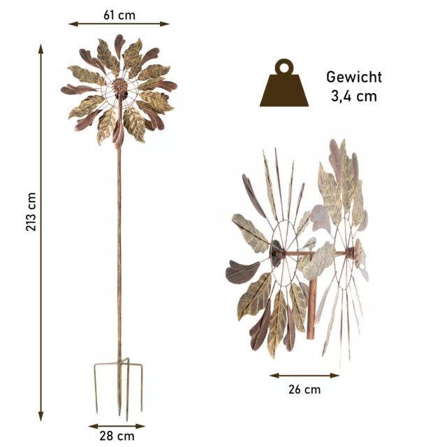 Windrad “Leaves”, Windspiel mit 2 gegenläufigen Rotoren, Gartendeko 213 cm hoch 3