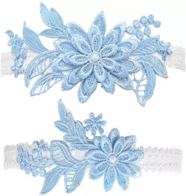 Wedding Garters Set Lace Bridal Garter Stretchy Floral Garter for Bride Blue Whi