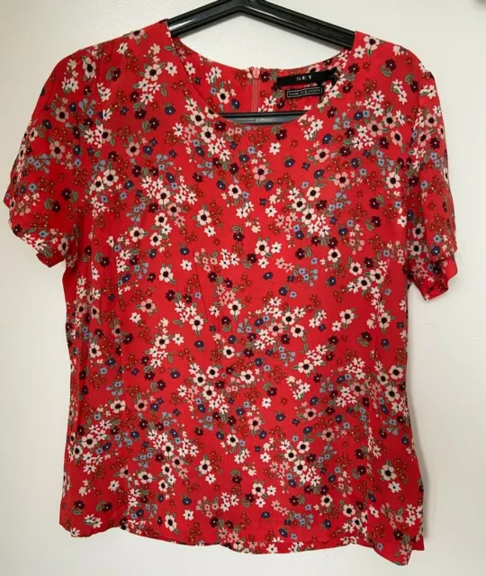 SET Made in Europe Orange Short Sleeves floral Blouse - Size 36 (UK 10)