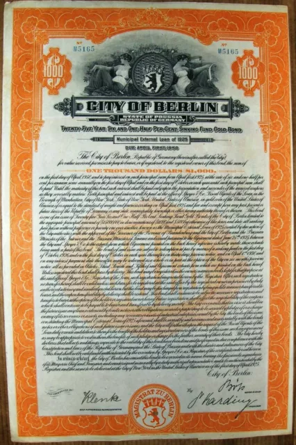 German-American $1000 Gold bond City of Berlin with coupons, 1925