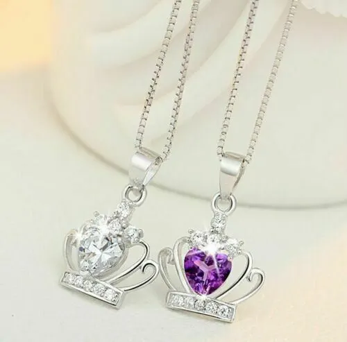 Silver Plated Necklace Crystal Crown Pendant Chain Jewellery For Women