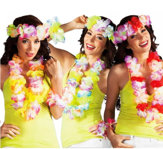 Hawaiian Fancy Dress Set Flower Lei Garland Head-Dress & Bracelets 3 Designs New