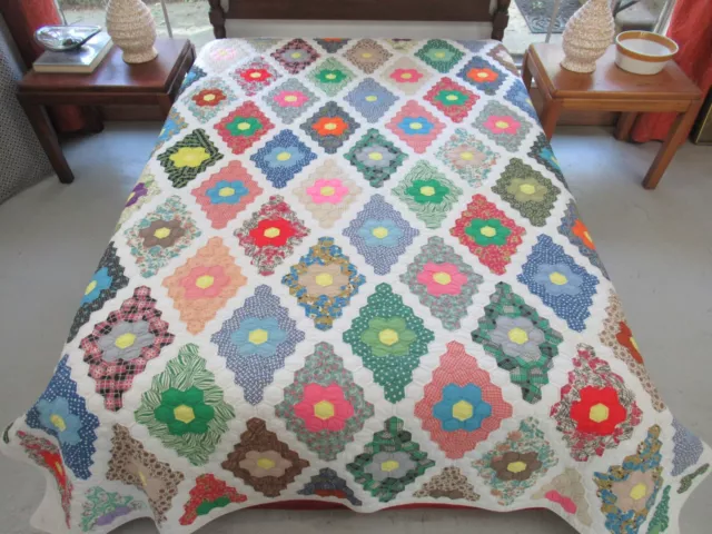 QUEEN Gently Used Vintage Dated 1950s Hand Quilted DIAMOND FLOWER GARDEN Quilt