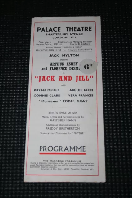 Jack and Jill - 1942 Palace Theatre Programme - Arthur Askey, Florence Desmond