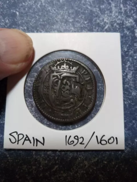 Spain 1601 coin Phillip 111 counterstamped 8 ,1692.Scarce