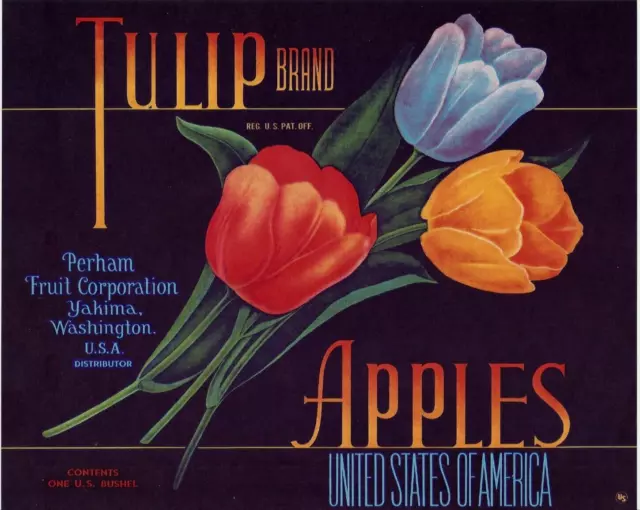 Original TULIP apple crate label Yakima, Washington Perham flowers art deco