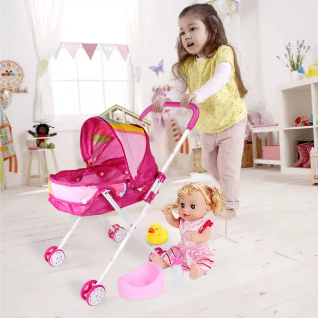 Foldable Babies Doll Stroller Kids Play Stroller, Doll Pram with Adjustable
