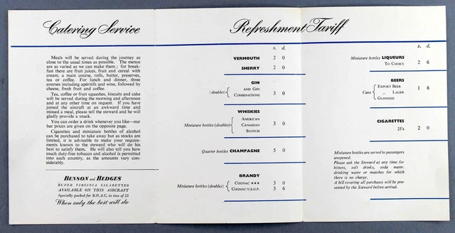 BOAC PASSENGER AMENITIES Bar Service Vintage Airline Menu B.o.a.c. 1951 ...