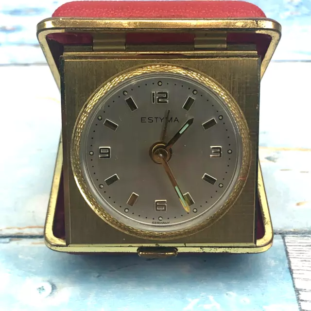 Red Travel Alarm Clock by Estyma Working West German 1960s Gold luminous  Hands