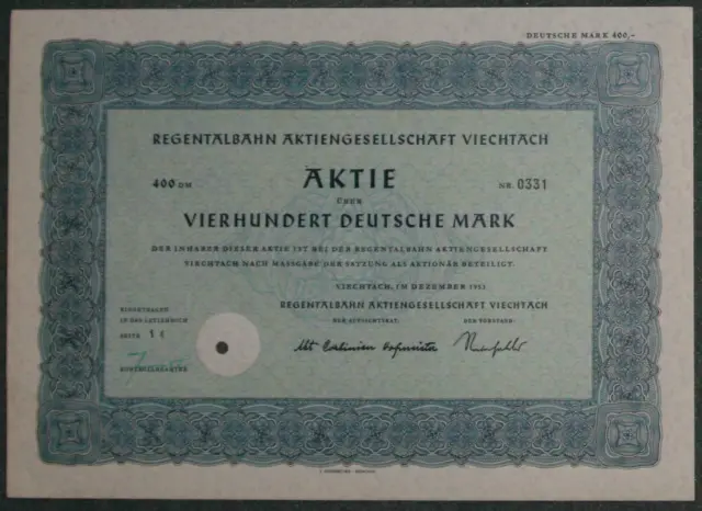 Regentalbahn Aktiengesellschaft Viechtach 1953 400 DM