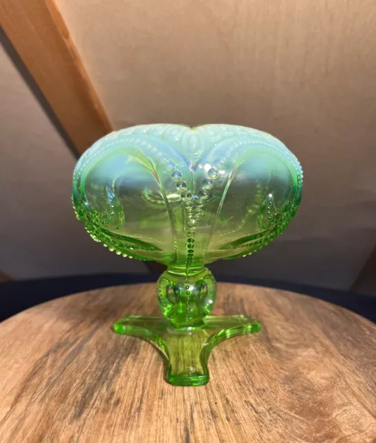 Antique Jefferson Glass Green Opalescent Fleur de Lis Footed Rose Bowl