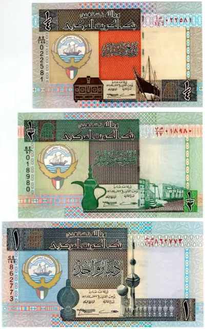 1994 Kuwait Paper Money Uncirculated (3) Notes 1/4, 1/2 & One Dinar