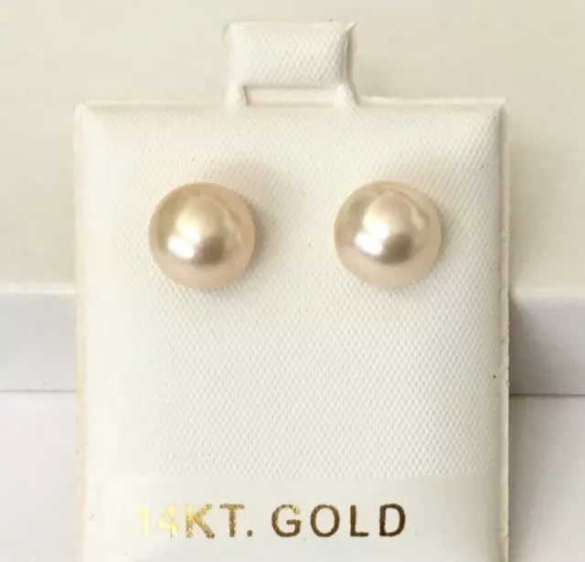 Solid 14K Gold Genuine Champagne South Sea Pearl  9 mm Stud Earrings NEW