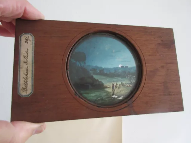 Victorian Hand Painted Magic Lantern Slide & Wood Frame - Bethlehem