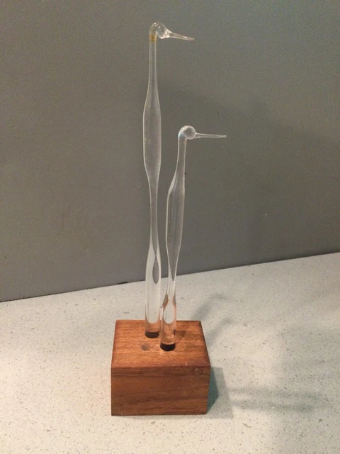 Unusual Original Hand Blown Art Glass Modernist Sculpture of Birds Wooden Base 9