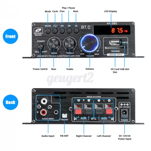 800W bluetooth Mini Verstärker HiFi Power Audio Stereo Bass AMP USB MP3 FM Auto