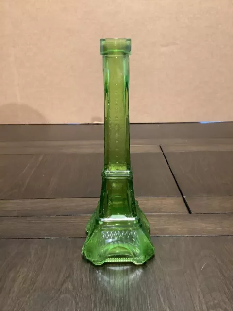 VINTAGE GREEN GLASS EIFFEL TOWER DECANTER / CORK BOTTLE ~ 9  1/4" Tall