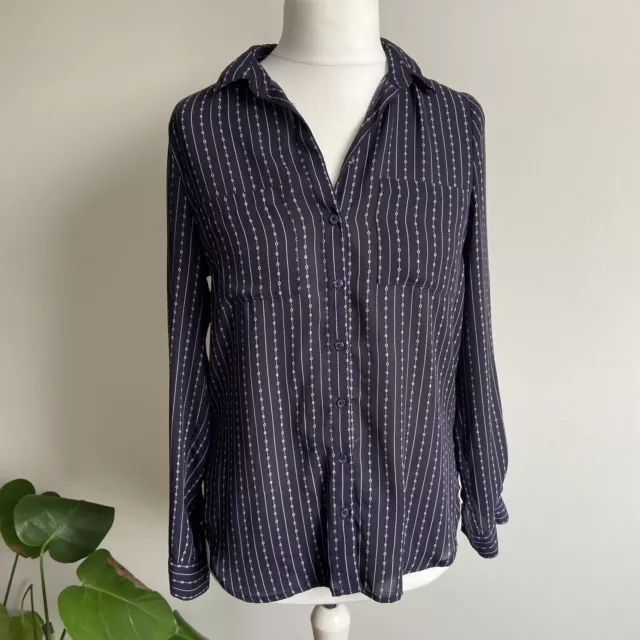 H&M Navy Blue Button Up Work Shirt Diamond Stripes Size UK 10 High- Low