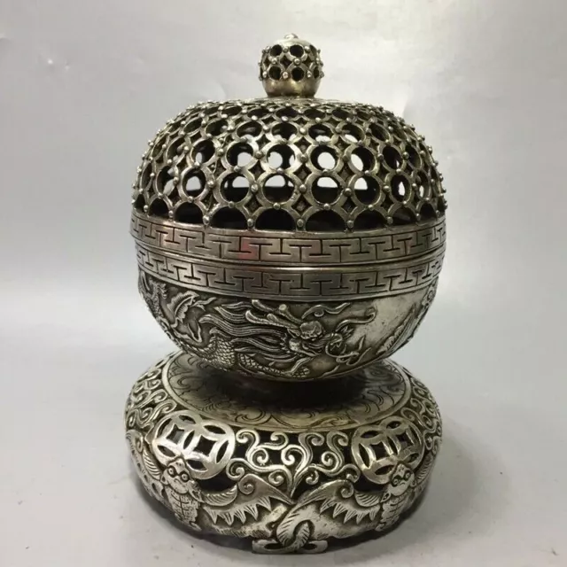 Exquisite Old Chinese tibet silver handcarved dragon wealth incense burner