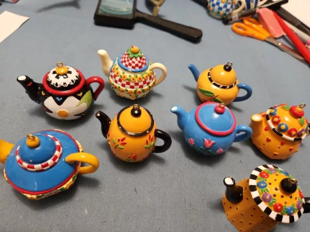 Lot Mary Engelbreit Teapot Ornaments Set Of 11 ME INK 2" SOME Defects RARE UNIQU