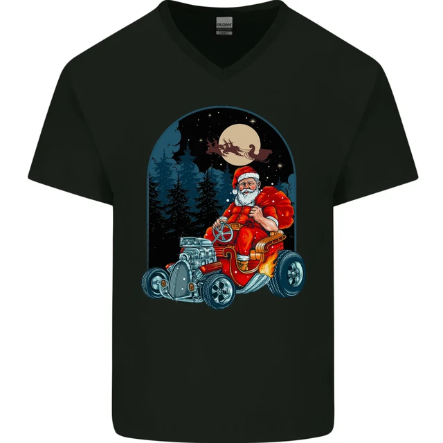 T-shirt Hot Rod Babbo Natale Hotrod Natale da uomo collo a V cotone
