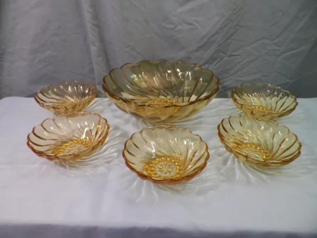 Hazel Atlas Amber Glass Swirl Colonial Berry Bowl Set Master Bowl 5 Small Bowls