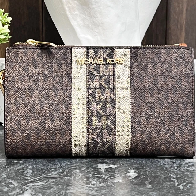 Michael Kors Jet Set Travel Double Zip Wristlet Wallet Brown Metallic Luggage