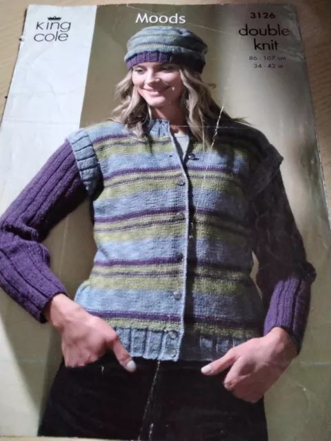 King Cole Knitting Pattern 3126. Lady's cardigan/hat/tank top. DK. 34-42" bust