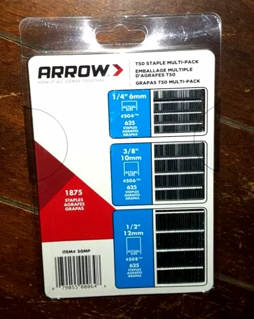 Arrow 1875pc T50 Staple Multi-Pack: (625 Each) 1/4", 3/8" & 1/2" Staples! #50MP