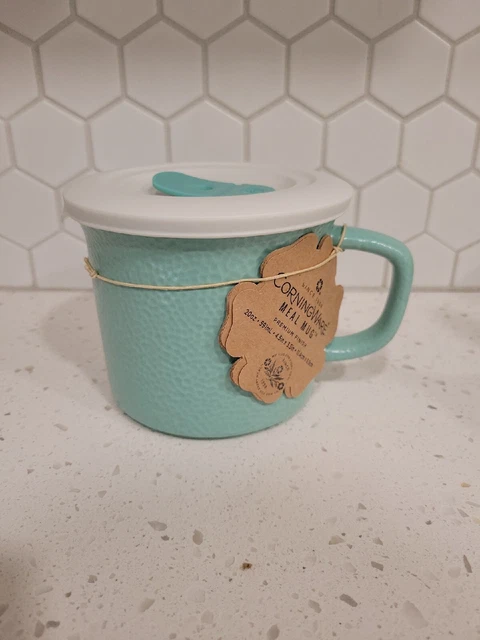 CorningWare 20 ounce meal soup mug with lid, light Turquoise blue pebbled finish