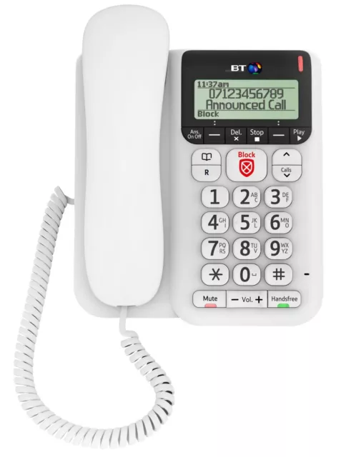 BT Corded Landline Phone Decor 2600 Advanced Call Blocker White 1 Year Warranty