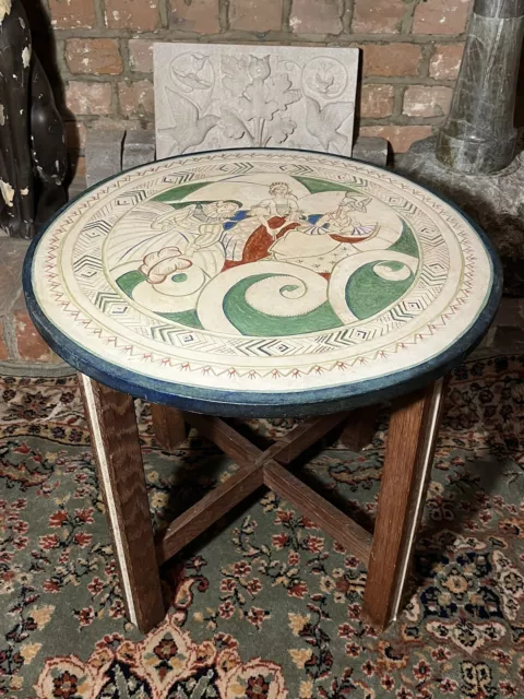 Antique Vintage Arts & Crafts Painted Carved Incised Round Table Pos Liberty’s