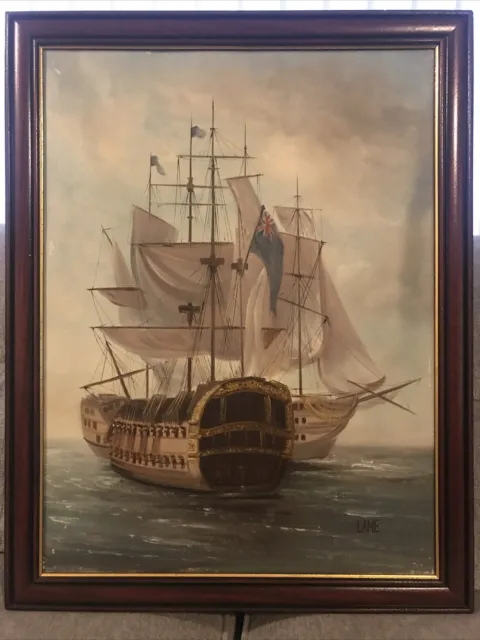 Rare Old Oil Painting of HMS Vanguard. Signed.