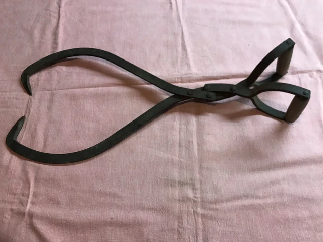 Large - Antique  Compound Action Ice Tongs - Wooden Handles - Jaws Open  24” !!