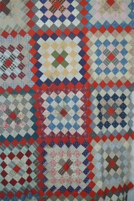 antique quilt top early patchwork squares turkey red/indigo 46x82 original 1800s