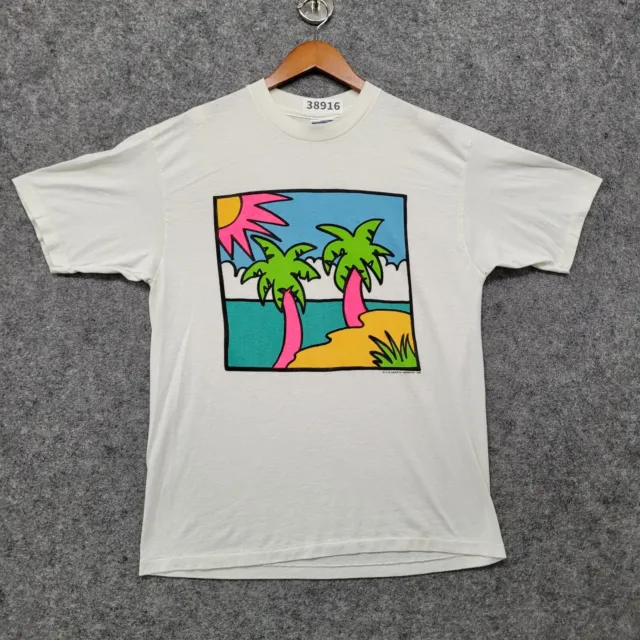 Vintage 90s Palm-Tree T-Shirt Large Single-Stitch Neon Beach Graphic-Tee