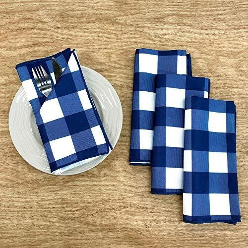 Blue White Gingham Checker Indoor Outdoor Stain Resistant Spill Bead Up Fabric