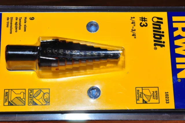 UNI BIT #3 STEP DRILL  9 Hole Sizes from 1/4-3/4" in 1/16" Increment IRWIN 10233